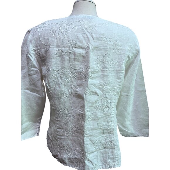 Saint Tropez Floral Embroidered Linen Long Sleeve Blouse Sz Large White 100% Lin - Picture 7 of 9